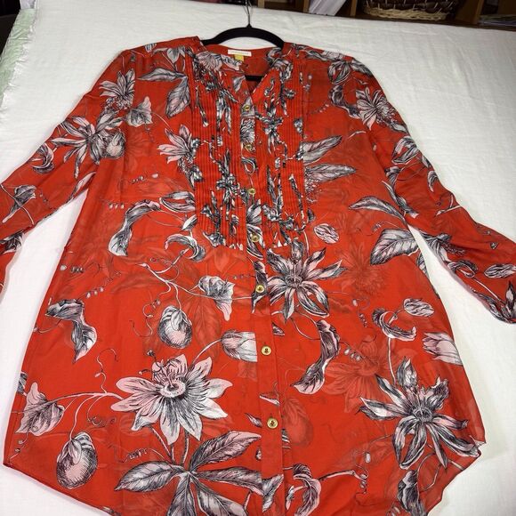 Leifsdottir Women Long Sleeve 100% Silk Blouse Sz 6‎ Floral Red Black White - Picture 13 of 16